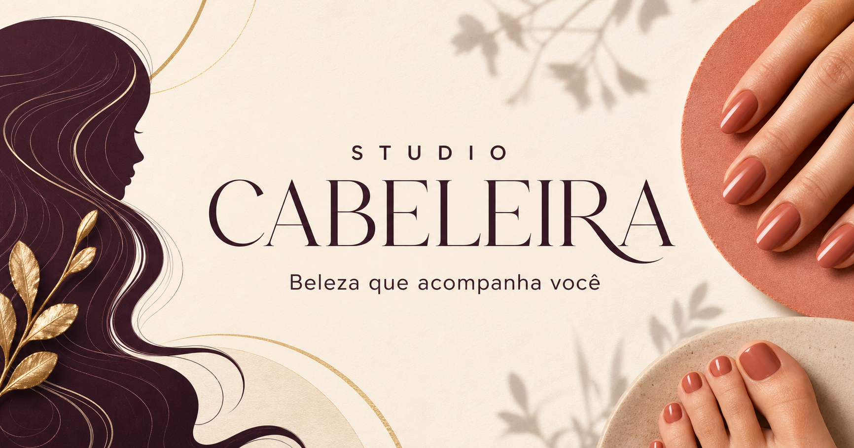 Composição editorial do Studio Cabeleira com cabelo, manicure e pedicure